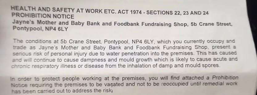 Environmental health prohibition notice served on Jayne's Mother and Baby Bank, 5b Crane Street, Pontypool