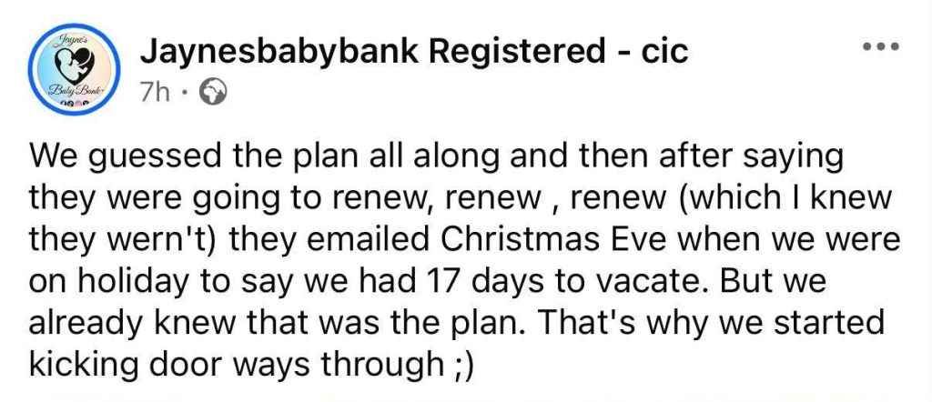 Public statement describing an email from the landlord giving 17 days to vacate