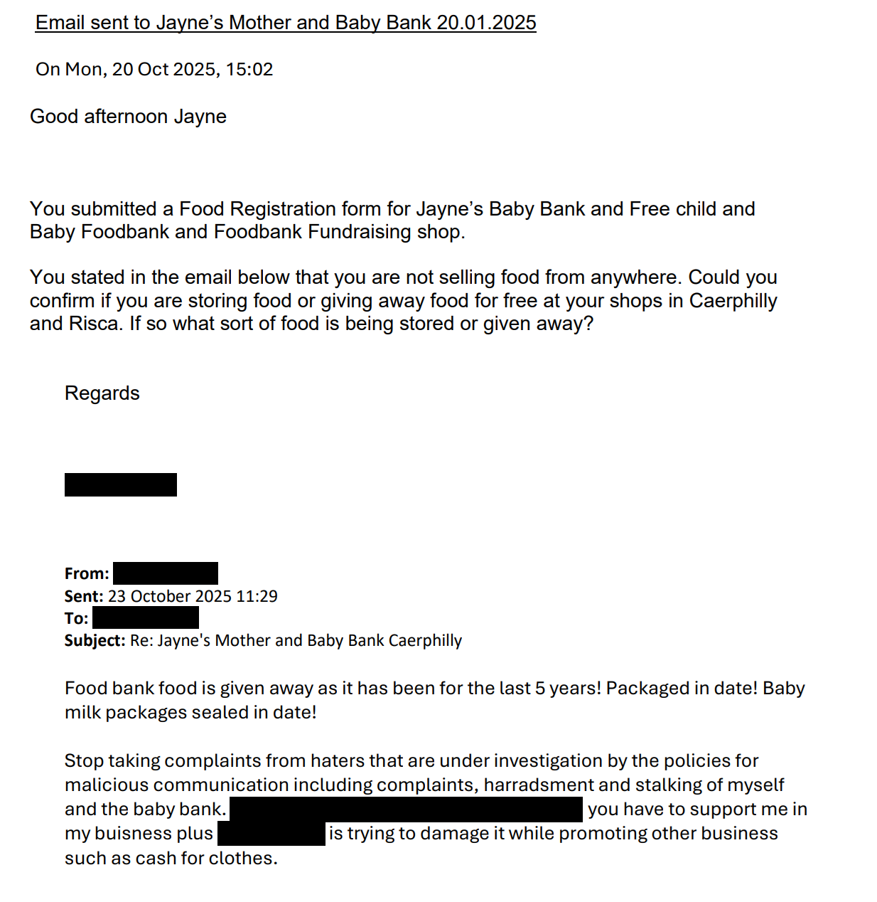 FOI-released email correspondence between CCBC Environmental Health and Jayne’s Mother and Baby Bank regarding food registration and food handling