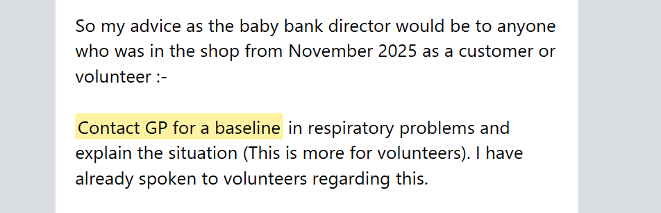 Public notice advising anyone in the shop from November 2025 to contact their GP for a respiratory baseline