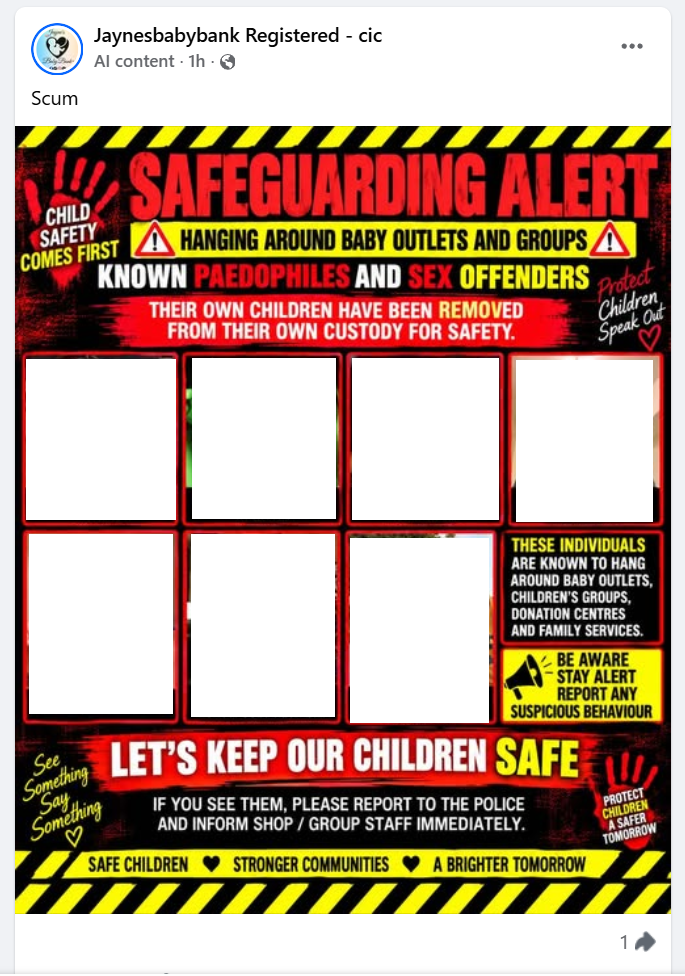 The post as it appeared on the Baby Bank page on 14 September 2026: caption "Scum", Facebook "AI content" label, and the poster. Faces and names redacted by us.