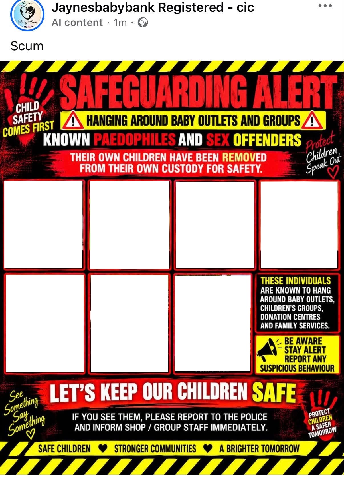 The poster at full size. Seven photographs of five people, each with a name and a town, under the words "KNOWN PAEDOPHILES AND SEX OFFENDERS". Faces and names redacted by us.