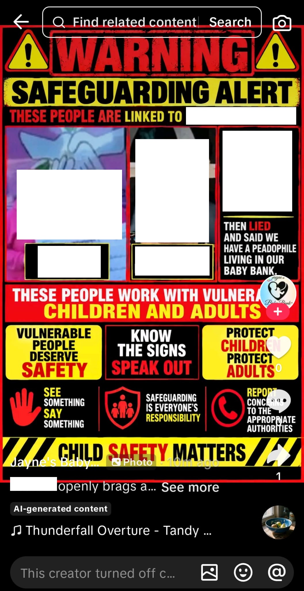 The second poster as posted on the @communityshopone TikTok account at 16:20 on 14 September 2026, with TikTok's "AI-generated content" label and comments turned off. Faces and names redacted by us.