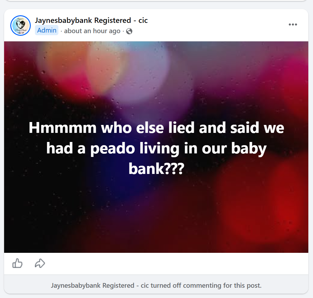 Posted by the Baby Bank page as an administrator of the "STALKERS & HATERS" group on the evening of 14 September 2026, with commenting turned off.