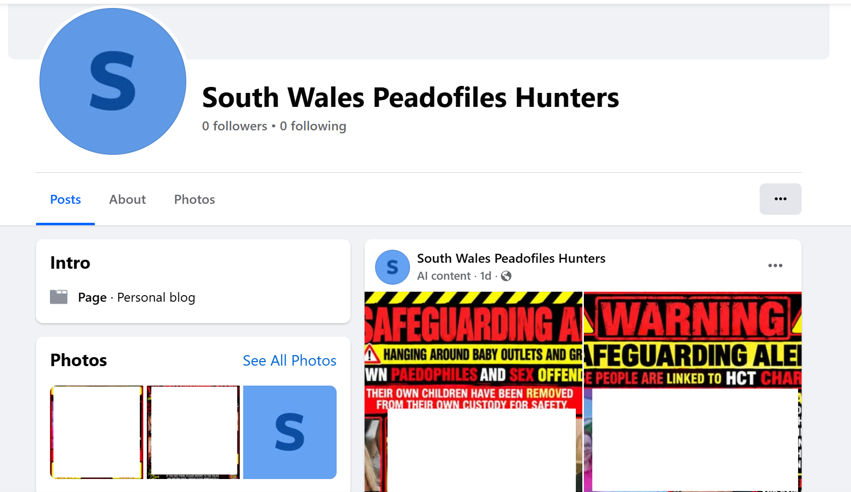 The "South Wales Peadofiles Hunters" Facebook page, captured 21 September 2026. Zero followers, zero following, "Personal blog". The single post, labelled "AI content" and one day old, carries both posters. Faces and names redacted by this site.