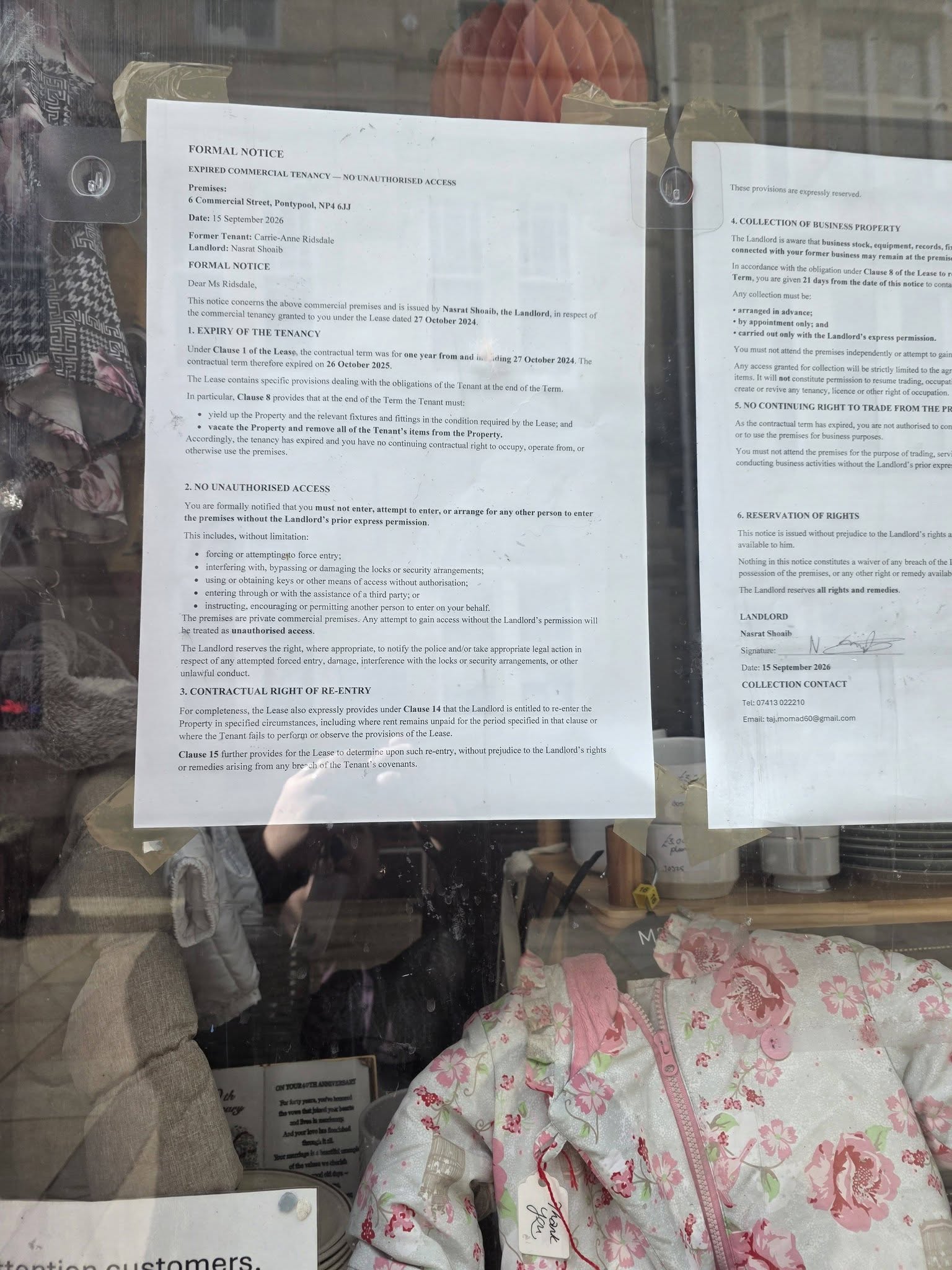 Formal Notice taped inside the window of 6 Commercial Street, Pontypool, dated 15 September 2026