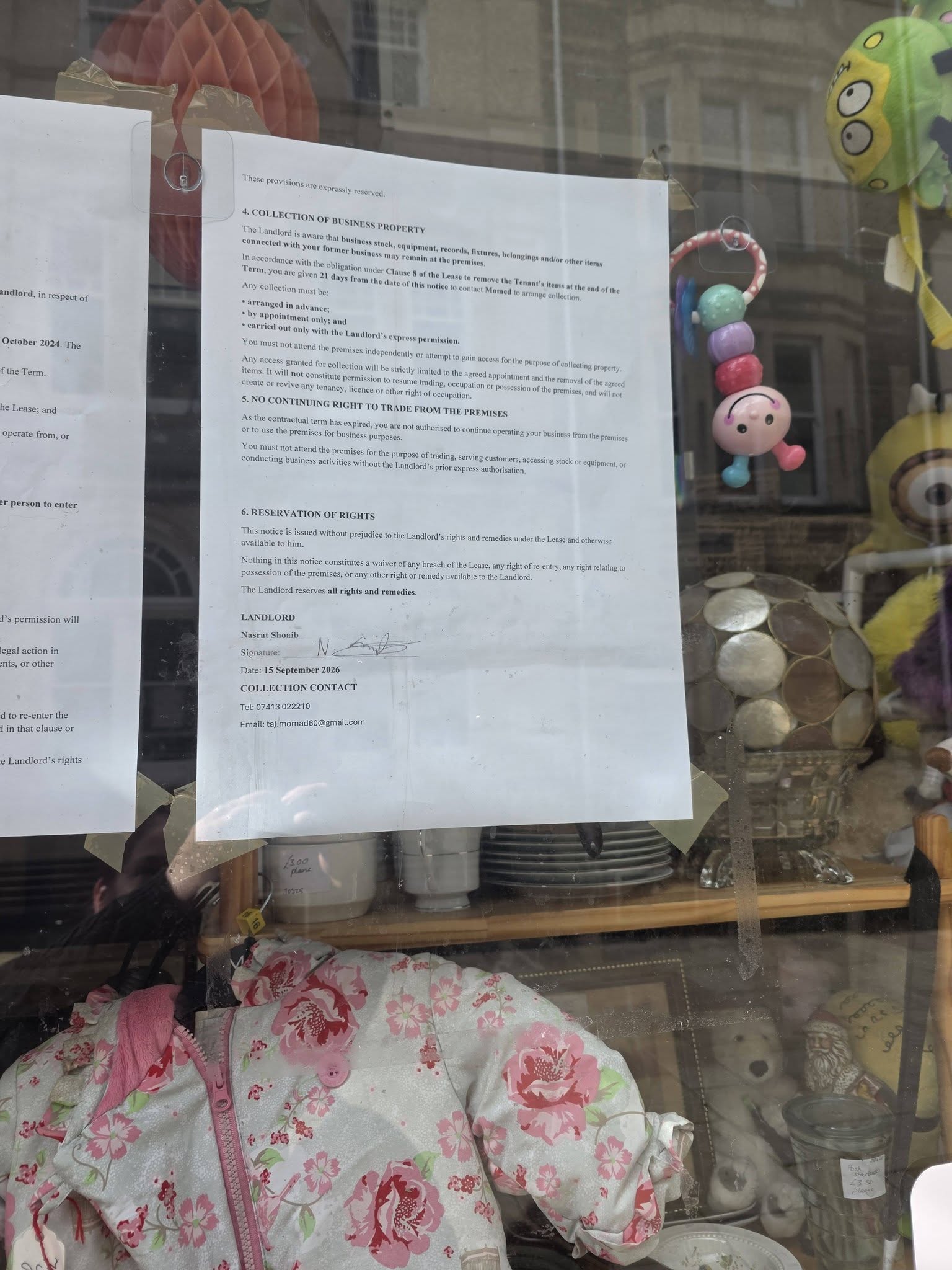 Second page of the Formal Notice, showing collection terms, no right to trade, and the landlord's signature