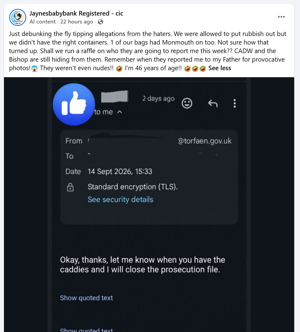 Facebook post carrying the platform's own AI content label, attached to an email screenshot from Torfaen County Borough Council