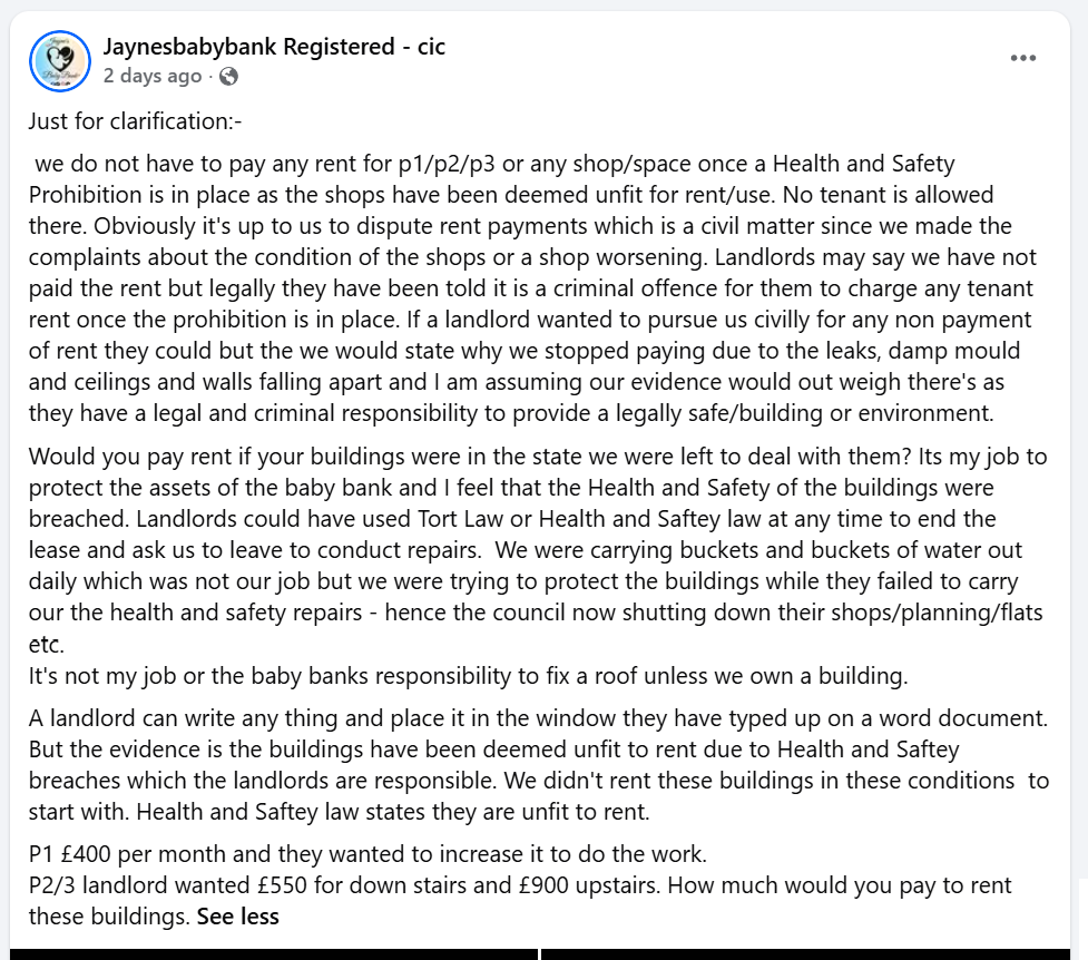 Facebook post from Jaynesbabybank Registered - cic headed Just for clarification, setting out claims about rent, prohibitions and responsibility for repairs