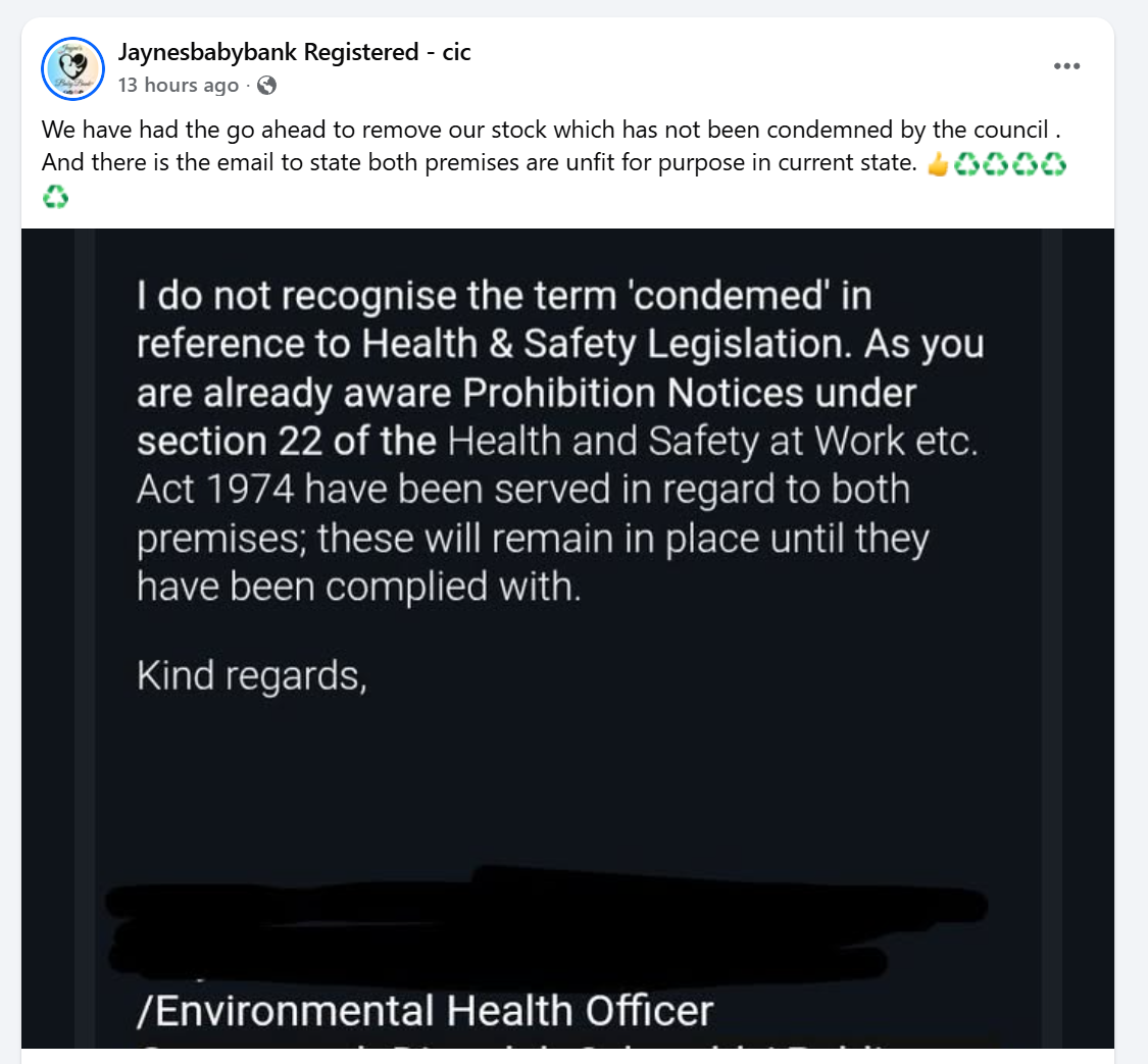 Facebook post claiming an email states both premises are unfit for purpose, attached to an email from an Environmental Health Officer saying no such thing