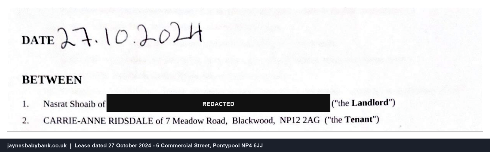 Page one of the lease showing the handwritten date 27.10.2024 and the two named parties, the second being CARRIE-ANNE RIDSDALE