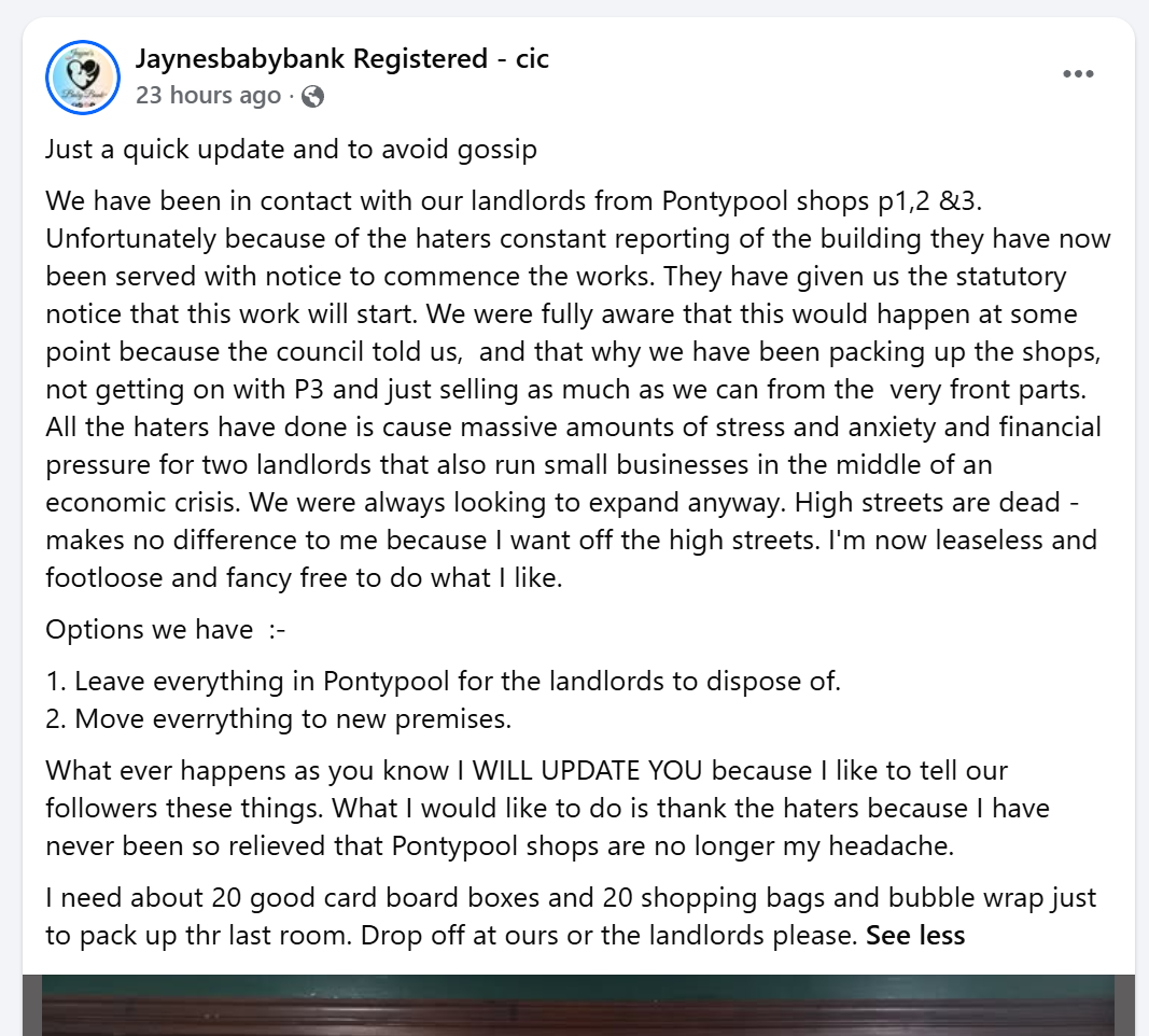 Facebook post from Jaynesbabybank Registered - cic describing contact with the Pontypool landlords and stating she is now leaseless and footloose