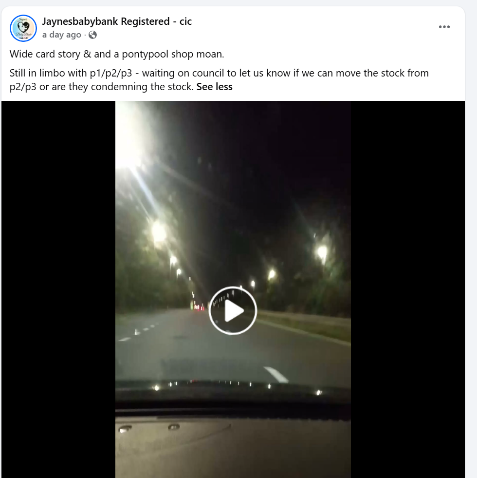 Facebook post reading Wide card story and a pontypool shop moan, still in limbo with p1/p2/p3, attached to a night-time driving video