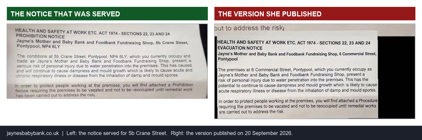 Side by side comparison of the Prohibition Notice served for 5b Crane Street and the retyped Evacuation Notice for 6 Commercial Street published on 20 September 2026