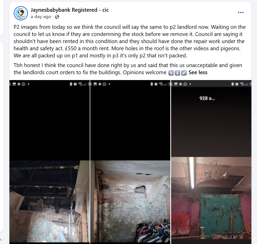 Facebook post captioned P2 images from today showing damaged ceilings and mould inside the premises