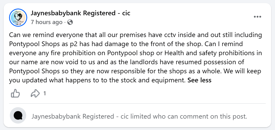 Facebook post stating that prohibitions in our name are now void and the landlords are responsible for the shops as a whole. Comments are limited.