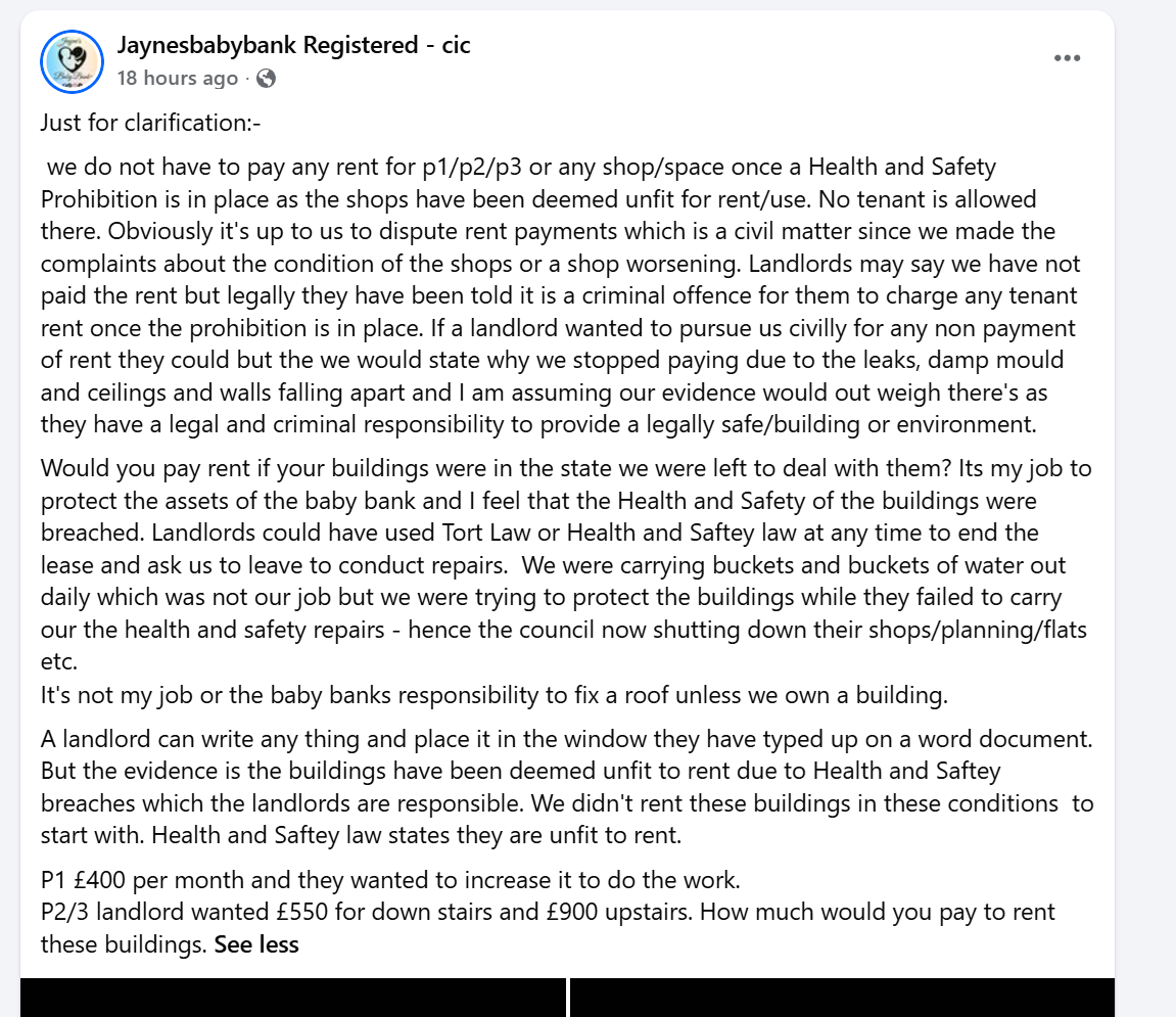 Facebook post headed Just for clarification setting out claims about rent and prohibition notices