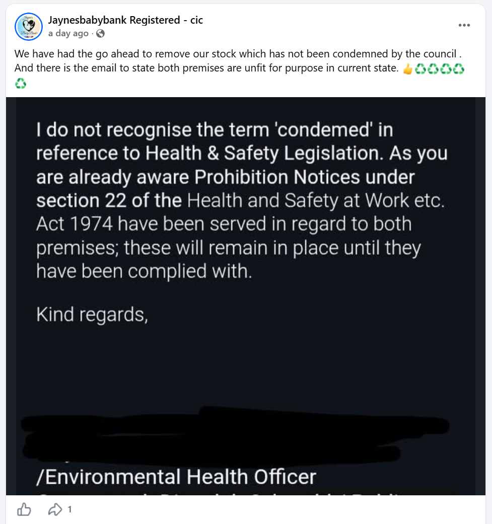 Facebook post claiming permission to remove stock, above a screenshot of an environmental health email about prohibition notices