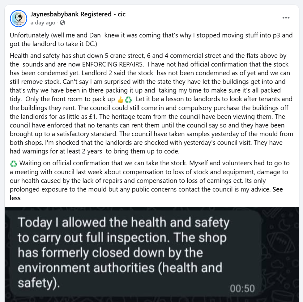 Facebook post describing health and safety shutting down 5 Crane Street, 6 and 4 Commercial Street, with an attached WhatsApp message timestamped 00:50