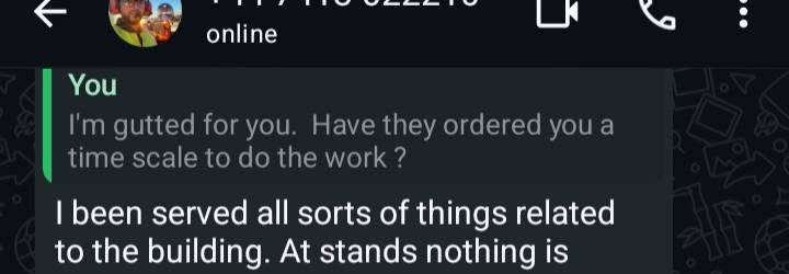 WhatsApp screenshot showing a message reading I'm gutted for you, have they ordered you a time scale to do the work