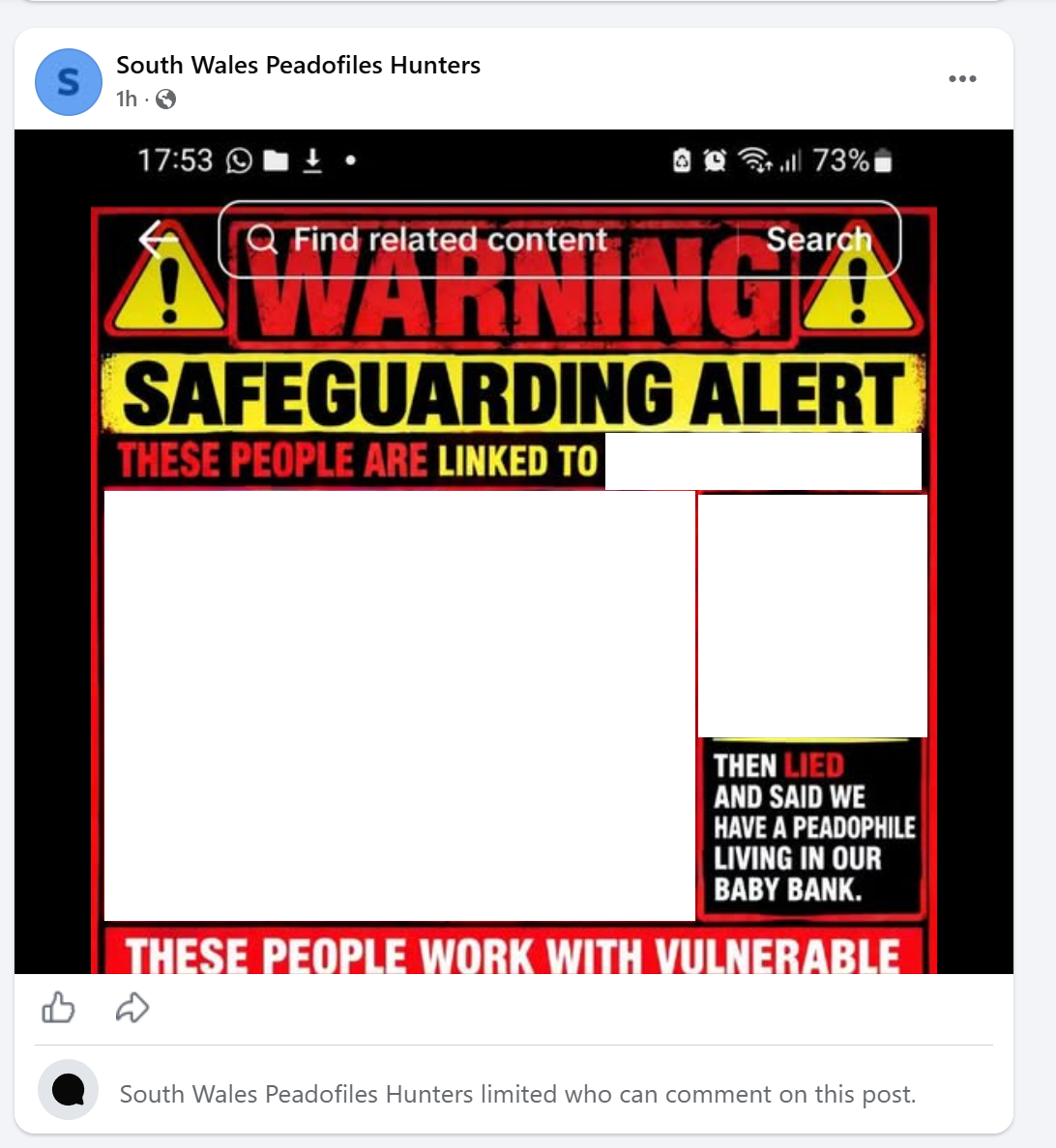 The "South Wales Peadofiles Hunters" page's new post of 13 October 2026, labelled one hour old: the second poster, as a phone screenshot with the clock reading 17:53 and TikTok's search bar across the top. Commenting is limited. Faces, names and the charity's name redacted by this site.