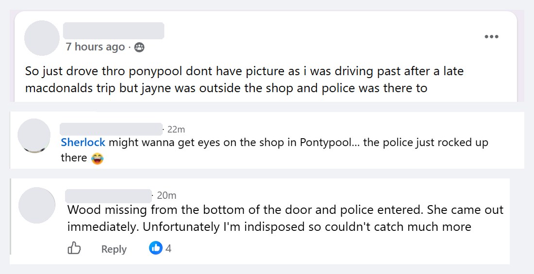 Three posts in the Jayne's Baby Bank Exposed group: jayne was outside the shop and police was there; the police just rocked up there; wood missing from the bottom of the door and police entered, she came out immediately