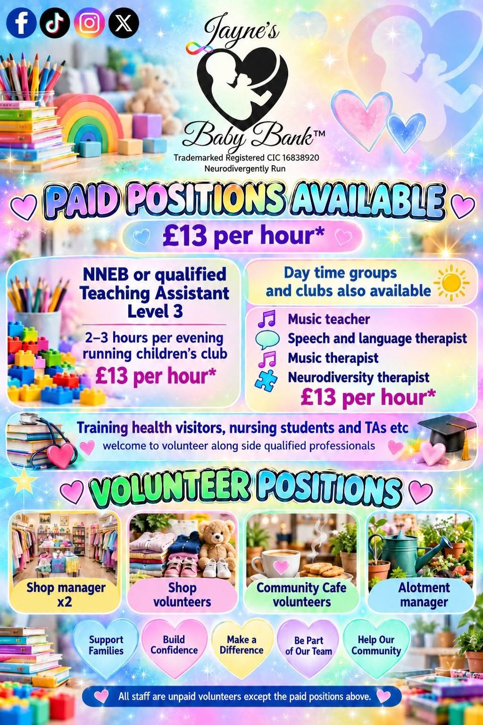 Jayne's Baby Bank poster headed Paid Positions Available, £13 per hour, listing an NNEB or qualified Teaching Assistant Level 3 for 2 to 3 hours per evening running a children's club, day-time therapists, and volunteer roles including two shop managers, community cafe volunteers and an allotment manager