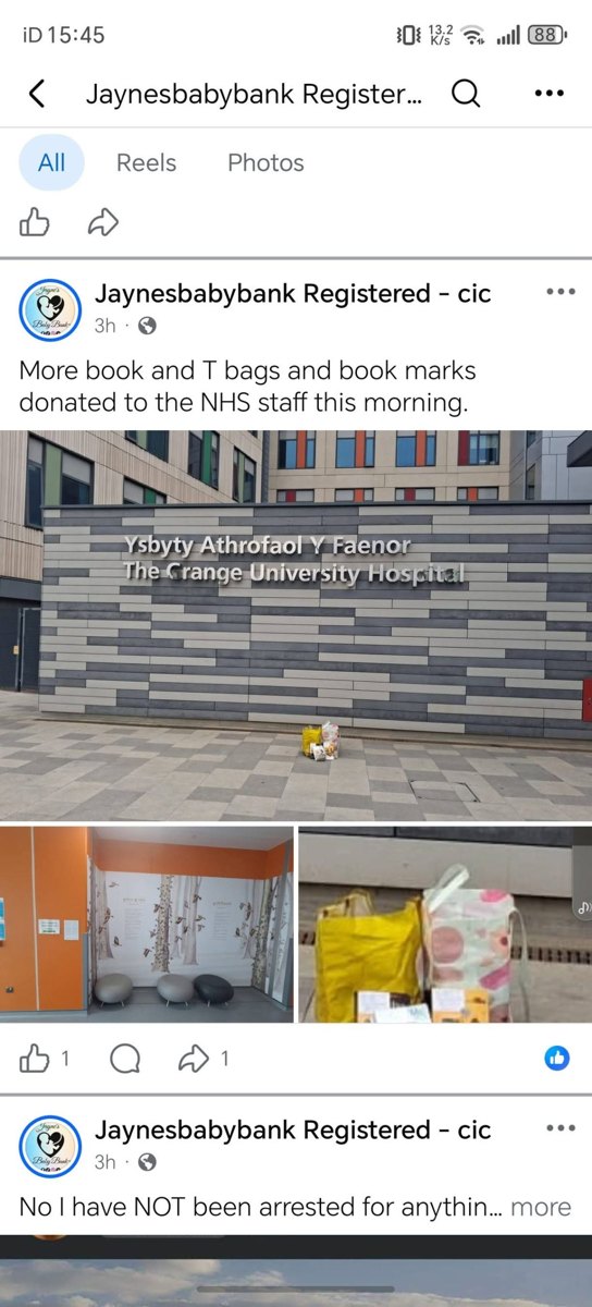 Facebook post reading 'More book and T bags and book marks donated to the NHS staff this morning', showing two carrier bags on the paving at the base of the Grange University Hospital name sign
