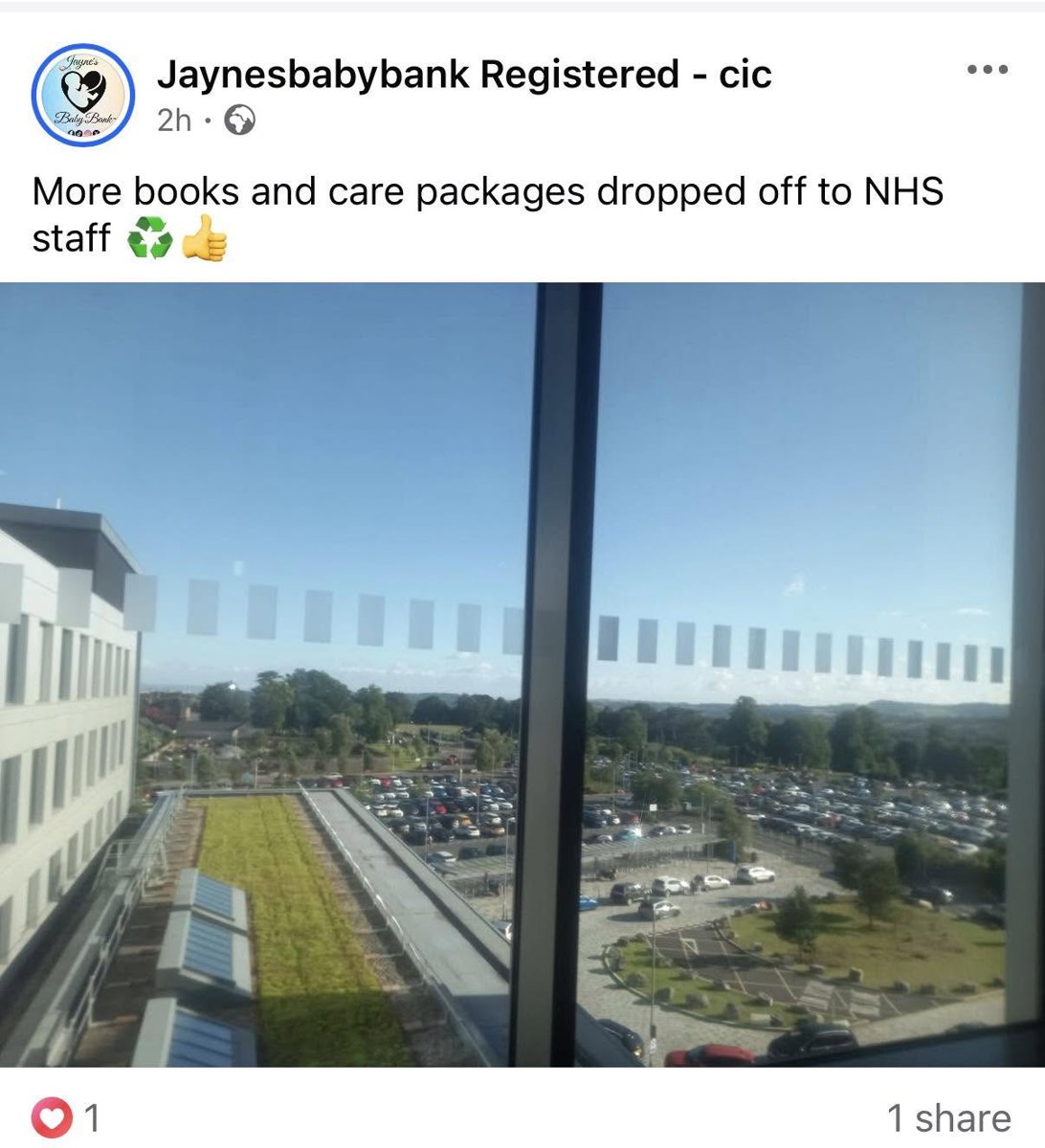 Facebook post reading 'More books and care packages dropped off to NHS staff', with a photograph taken from an upper-floor window inside the hospital looking out over the car park