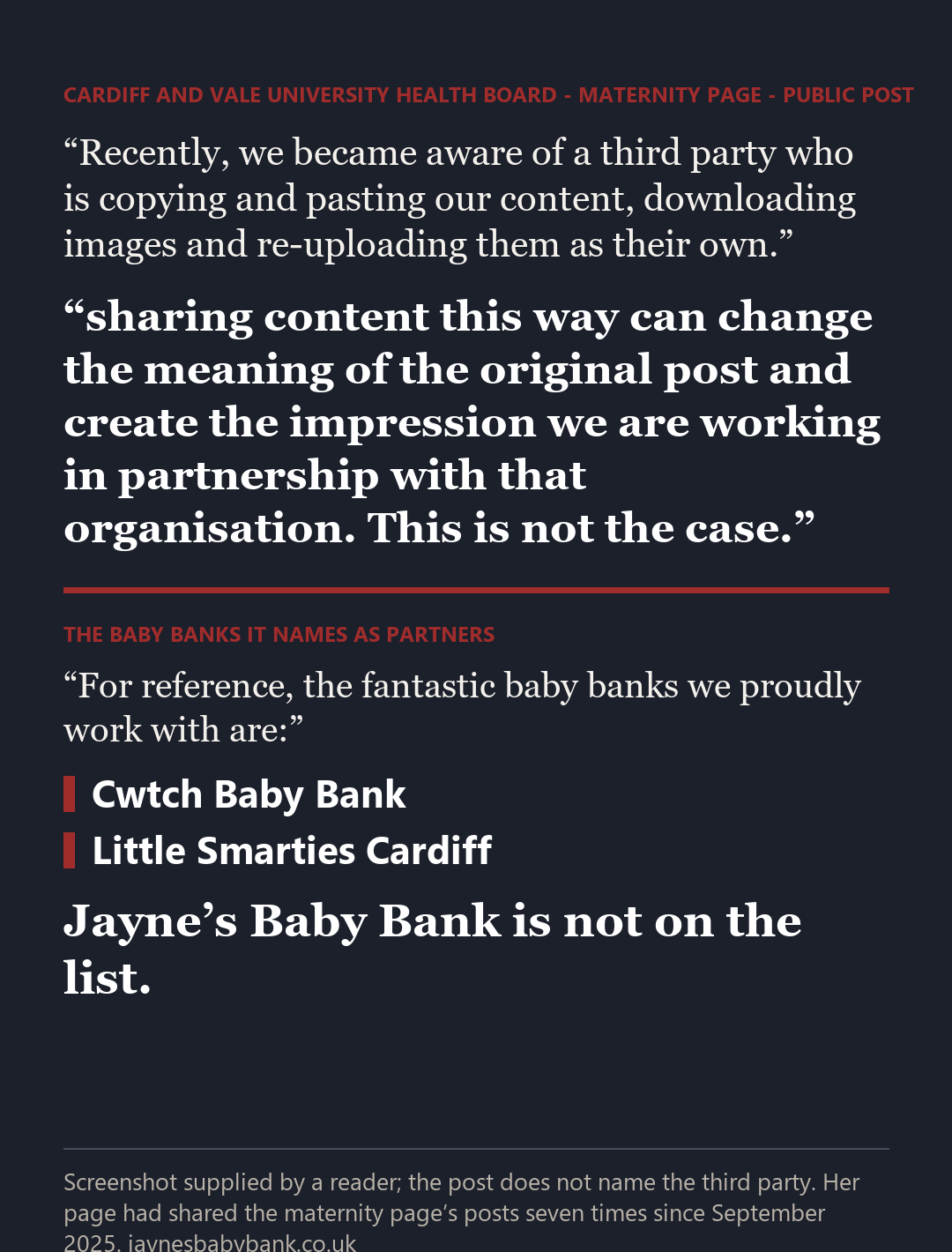 The wording of the Cardiff and Vale University Health Board maternity page's post: a third party re-uploading its content creates the impression of partnership, this is not the case, and the two baby banks it works with are named
