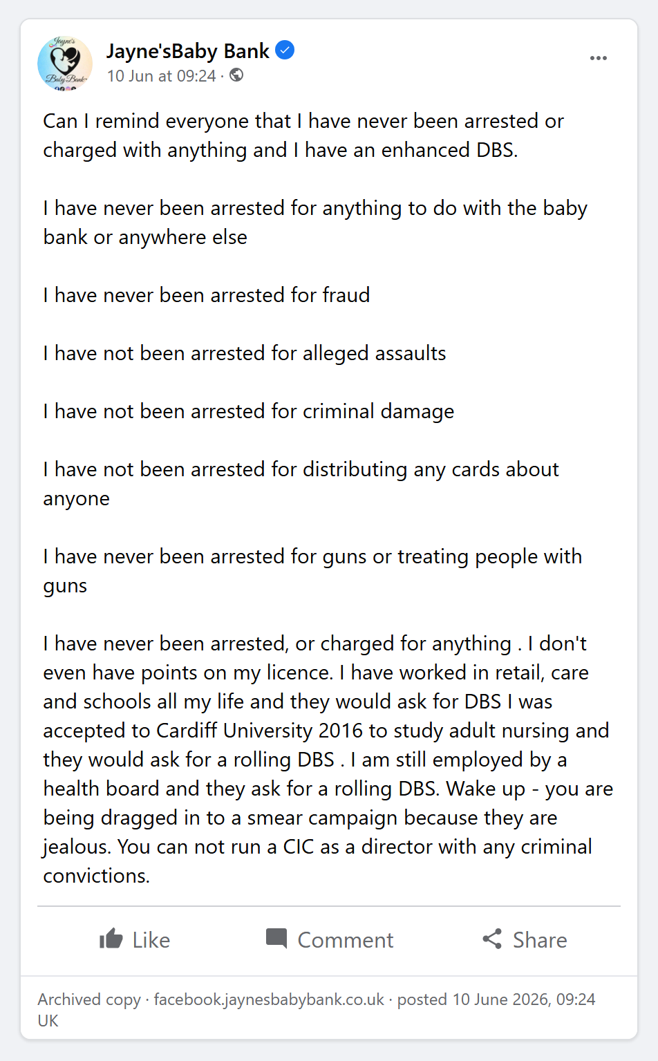 The Facebook post of 10 June 2026 as archived: a numbered denial of arrests ending 'I have worked in retail, care and schools all my life' and 'I am still employed by a health board and they ask for a rolling DBS'
