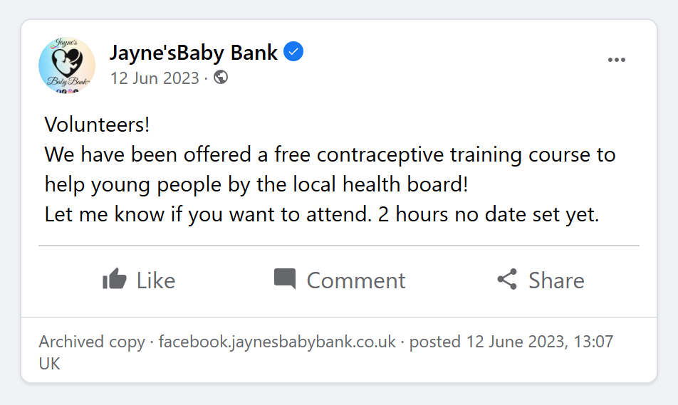 The Facebook post of 12 June 2023 as archived: 'We have been offered a free contraceptive training course to help young people by the local health board!'