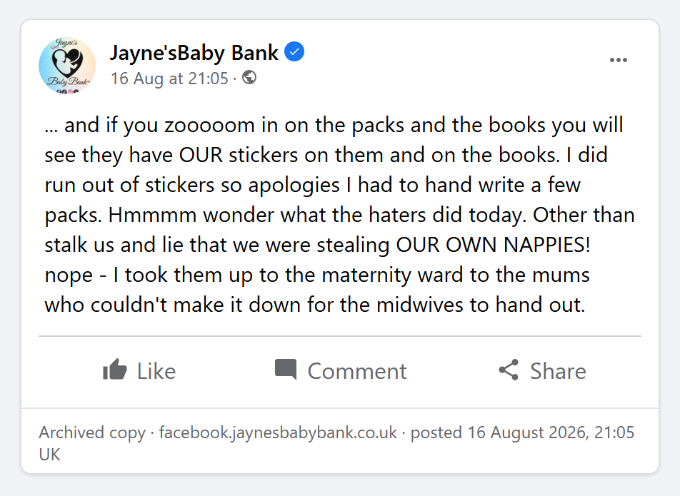 The Facebook post of 16 August 2026 as archived: 'they have OUR stickers on them' and 'I took them up to the maternity ward to the mums who couldn't make it down for the midwives to hand out'