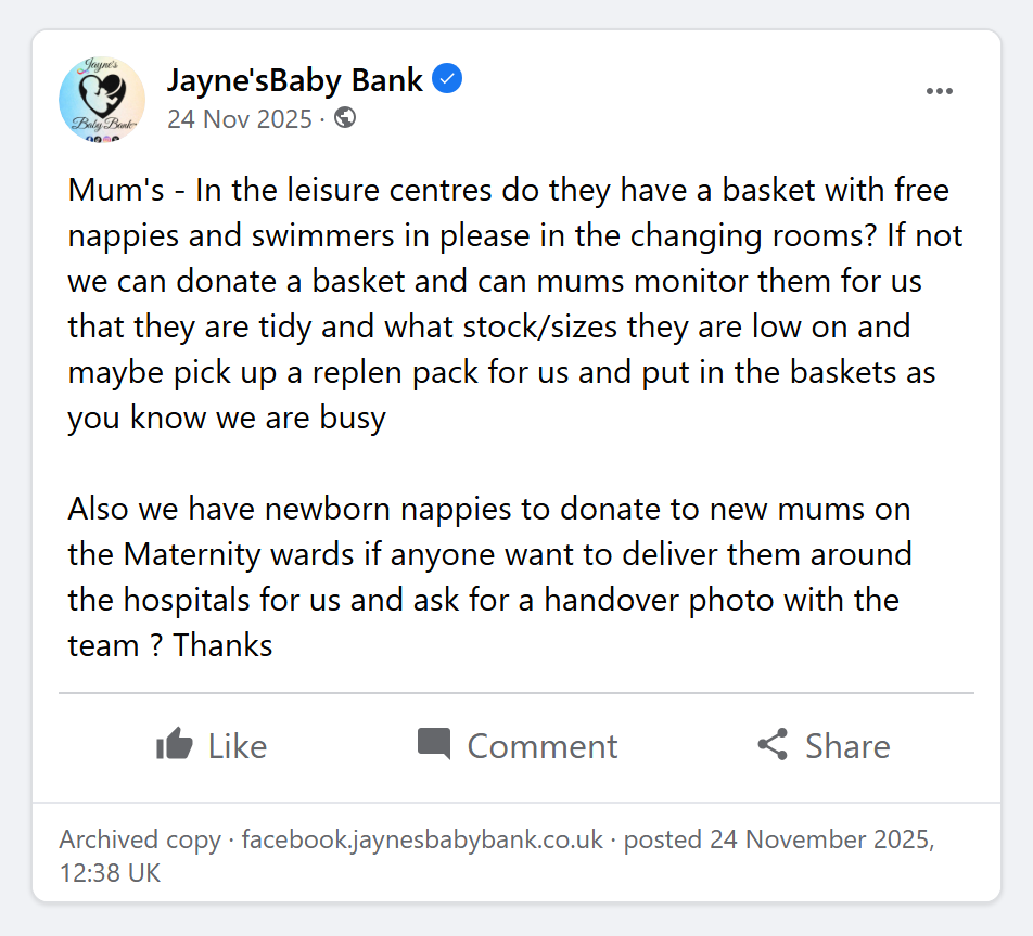 The Facebook post of 24 November 2025 as archived, asking followers to deliver newborn nappies around the hospitals and ask for a handover photo with the team