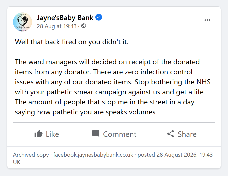 The Facebook post of 28 August 2026 as archived: 'The ward managers will decided on receipt of the donated items from any donator. There are zero infection control issues with any of our donated items.'