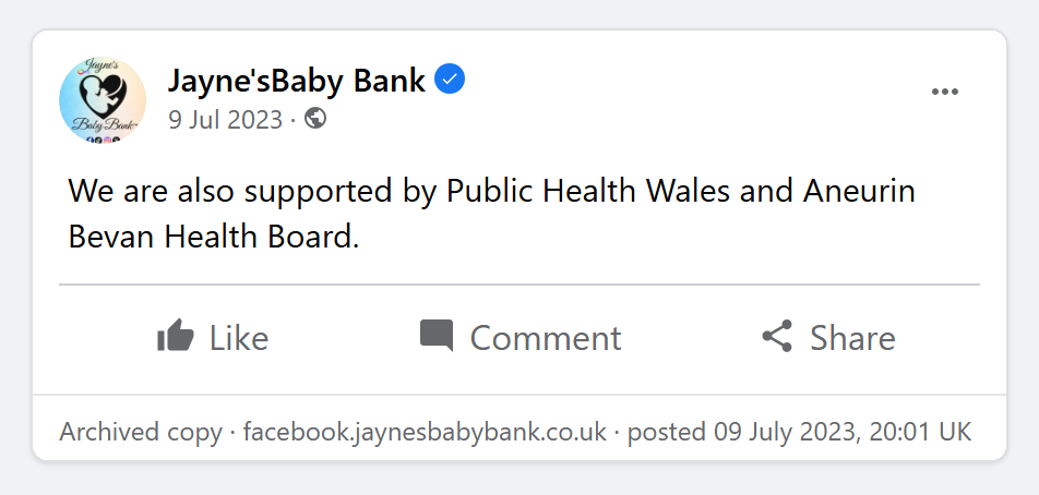 The Facebook post of 9 July 2023 as archived: 'We are also supported by Public Health Wales and Aneurin Bevan Health Board.'