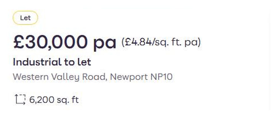 The Zoopla listing for Western Valley Road, Newport NP10, marked Let: 30,000 pounds a year, 4.84 pounds per square foot, industrial to let, 6,200 square feet, NP Linnells