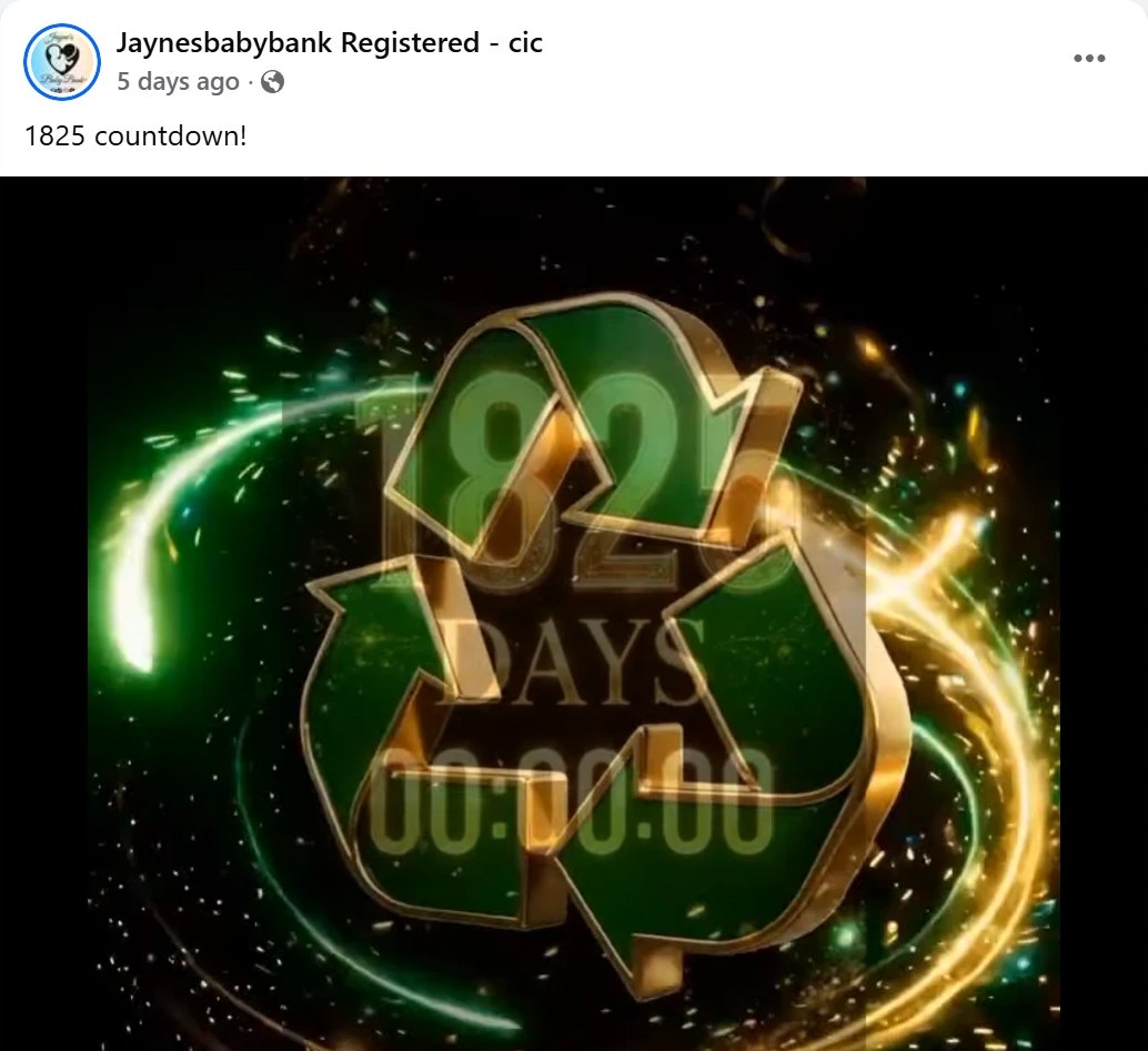 Facebook post by Jaynesbabybank Registered - cic: 1825 countdown, with a video frame showing 1825 days and a recycling symbol