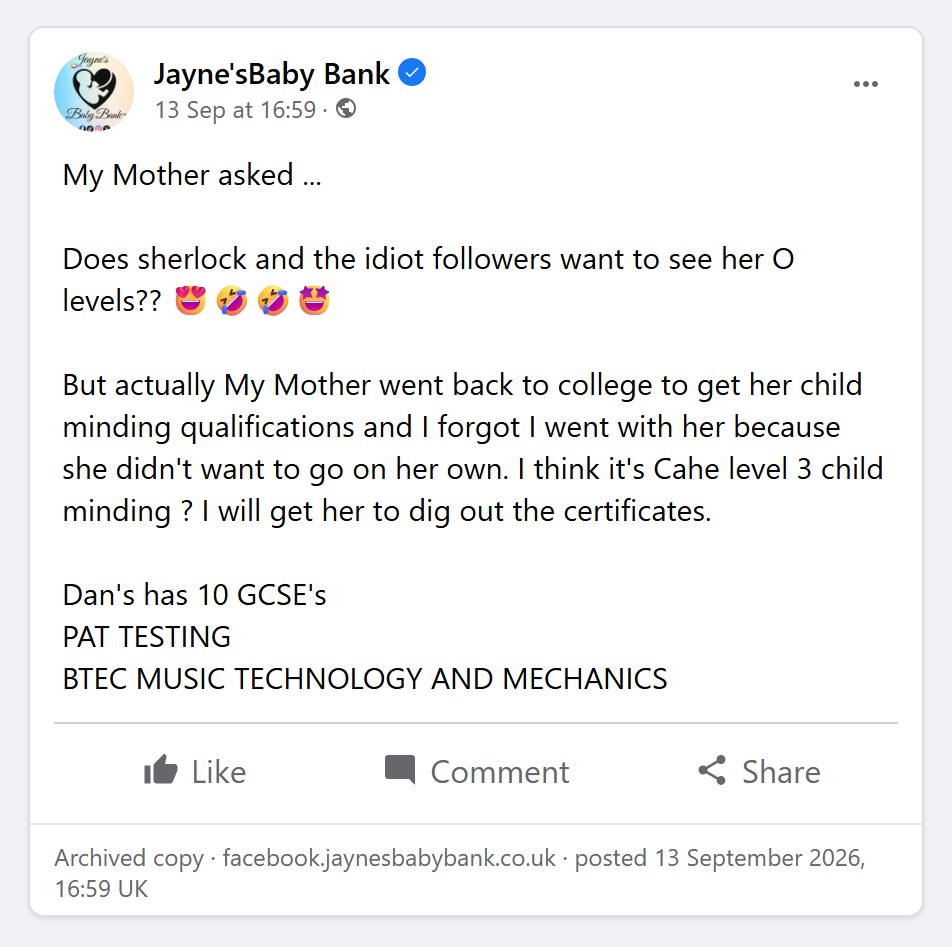 Her post of 13 September 2026: My Mother went back to college to get her child minding qualifications and I forgot I went with her because she didn't want to go on her own. I think it's Cahe level 3 child minding? I will get her to dig out the certificates.