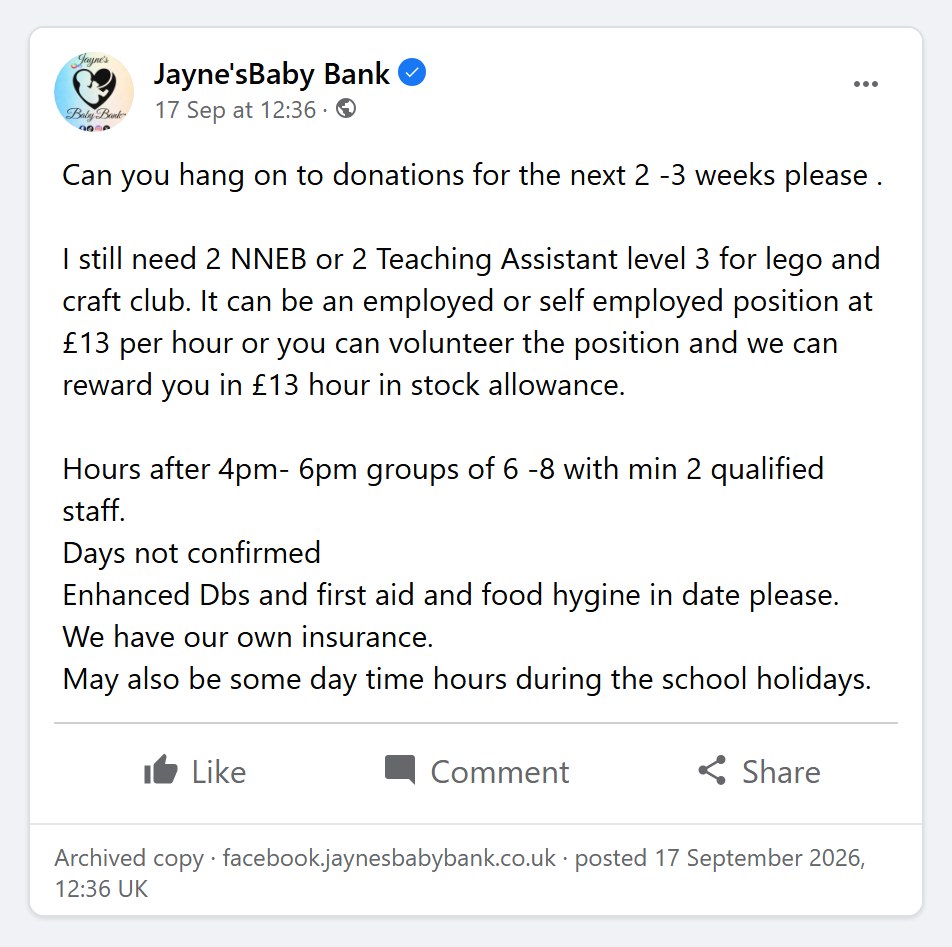 Her post of 17 September 2026: I still need 2 NNEB or 2 Teaching Assistant level 3 for lego and craft club, groups of 6-8 with min 2 qualified staff, enhanced DBS and first aid and food hygiene in date please