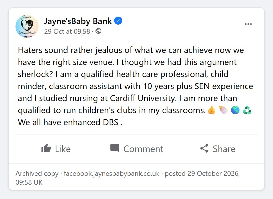 Her post of 29 October 2026: I thought we had this argument sherlock? I am a qualified health care professional, child minder, classroom assistant with 10 years plus SEN experience and I studied nursing at Cardiff University. I am more than qualified to run children's clubs in my classrooms. We all have enhanced DBS.